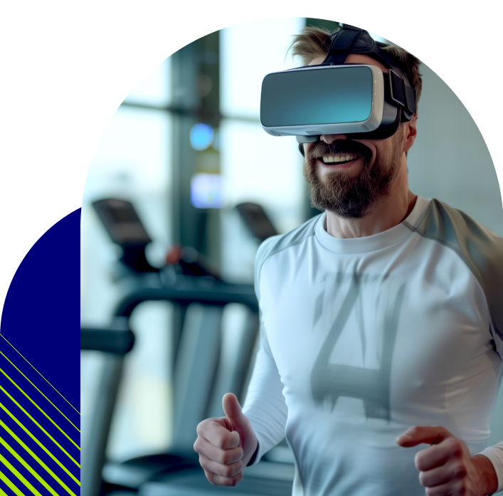 Smiling, bearded athlete in a VR headset jogging on a treadmill—thumbs up—inside a modern gym, with a bright cyan background that leaves space for headline copy.
