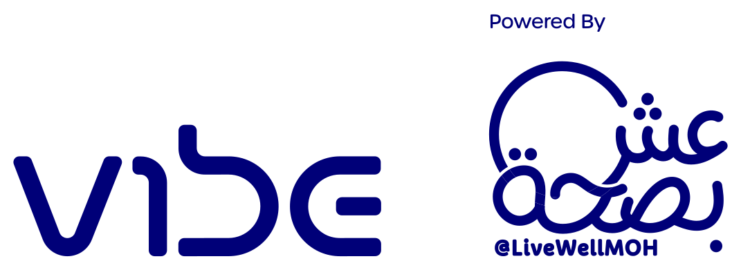 Vibe brand lock-up on bright cyan: large dark-blue ‘vibe’ word-mark above two partner lines—left, ‘Co-located with Global Health Exhibition’ beside a chevron icon; right, ‘Supported by’ above the Arabic calligraphy logo ‘عِش بصحة’ and handle @LiveWellMOH.